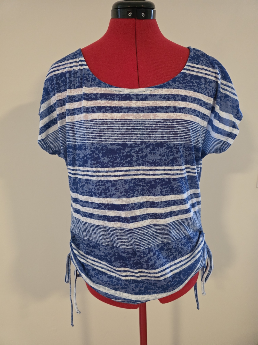 Striped Blue Short-Sleeve Ruched Side Tee